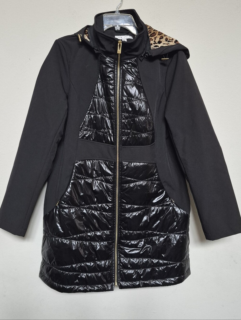 VIA-SPIGAL Women's Black Hoodie Mixed Media Raincoat Size XL